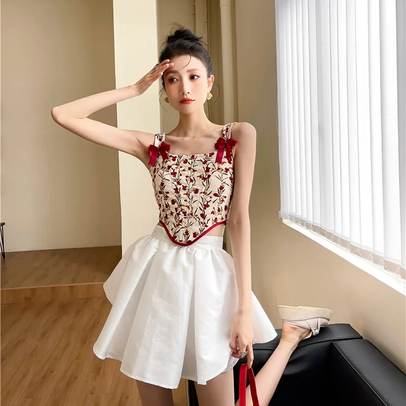 

Korejepo Women Camisole 2021 Summer New Sweet Sexy Retro Red Bowknot Tie Floral Printed Irregular Short Vest Tank Tops Female