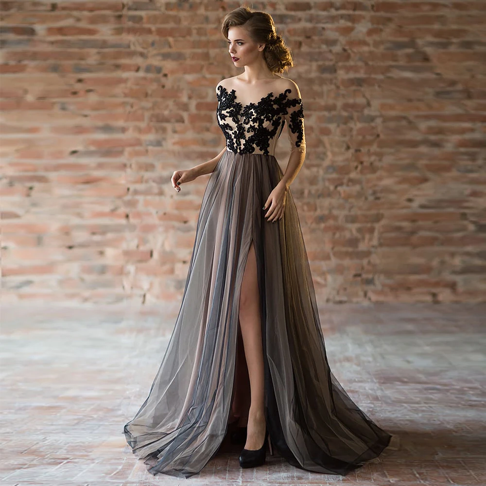

Strapless Off-The-Shoulder Half Sleeve High Slit Evening Dresses for Dinner Party Floor-Length with Puffy Tulle Court Train 2022