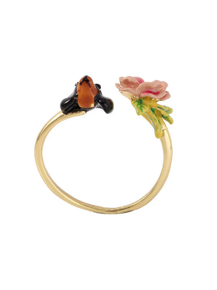 

European and American New Fashion Personality Temperament Designer Handmade Enamel Fresh Hound Pink Flower Female Open Ring