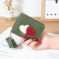 heart splicing women wallet short tassel pu leather card holder female letter print zipper coin purses ladies clutch money clip