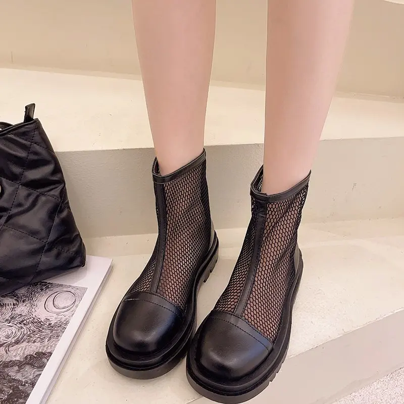 

Women Martin Boot Platform Fashion Pu Leather Ankle Zipper Mesh Summer Breathable Woman High Top Waterproof Boots 2021 Shoes