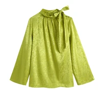 2021 women with tied satin jacquard blouse fashion retro loose ladies shirt tops green female covered buttons chic top