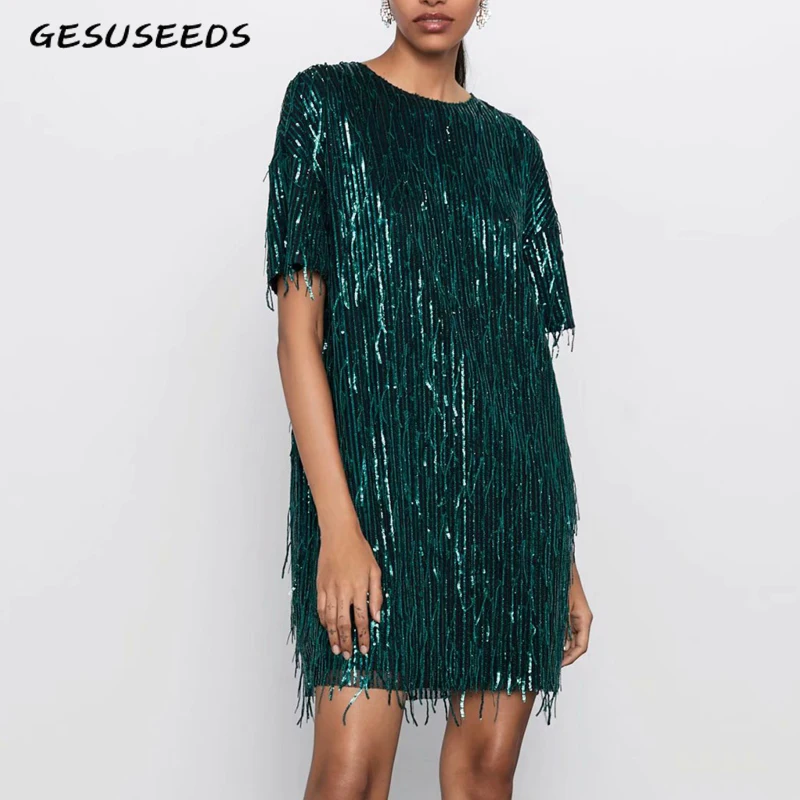Зеленое черное платье с блестками корейское мини летние платья коротким рукавом