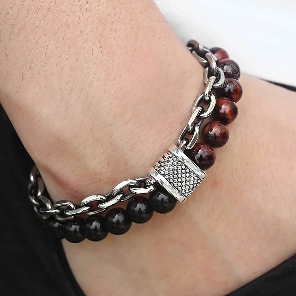 Davieslee Mens Bracelet Red Tiger Eye Stone Beaded Black Glass Beads Gunmetal Stainless Steel Charm Jewelry DDB196 | Украшения и
