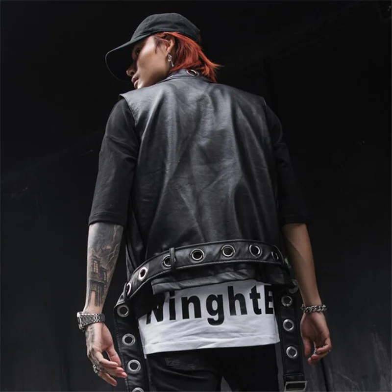 Весенне-летний мужской кожаный жилет в стиле хип-хоп панк приталенная куртка без