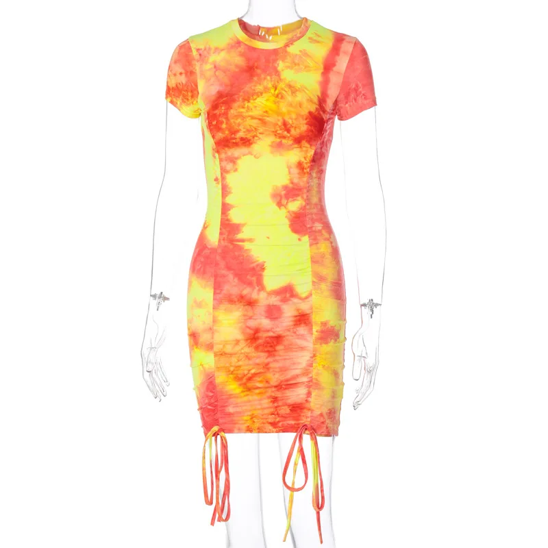 

Zoctuo Tie Dye Women Mini Tshirt Dress Drawstring Ruched Sexy Bodycon Dresses 2020 Bandage Elegant Party Sexy Club Summer