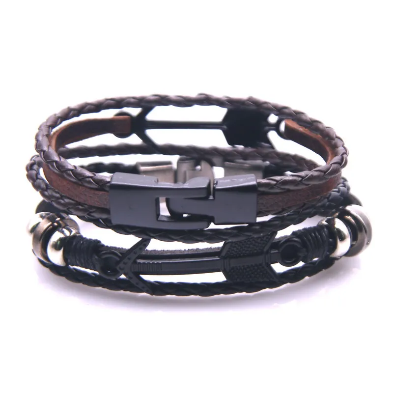 Браслет из 2020 кожи винтажный черный серебристый с якорем многослойный амулет для