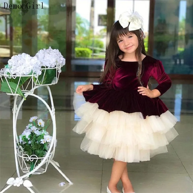 Burgundy Velvet Puffy Flower Girl Dresses Long Sleeves Children Wedding Party Gown Princess Birthday Dress