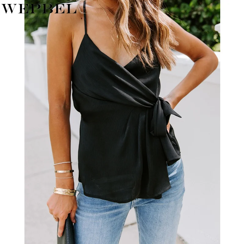 

WEPBEL Women Summer Fashion Wrap Loose Strap Shirt Top Ladies Casual Sleeveless V Neck Halter Bow Tie T-shirt