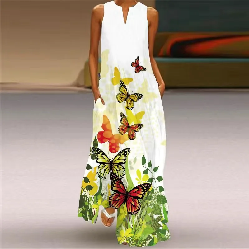 

Sleeveless Long Dress 2021 Casual Beach Women Summer Dress Lady V Neck Butterfly Printed Dresses Elegant Women's Dress