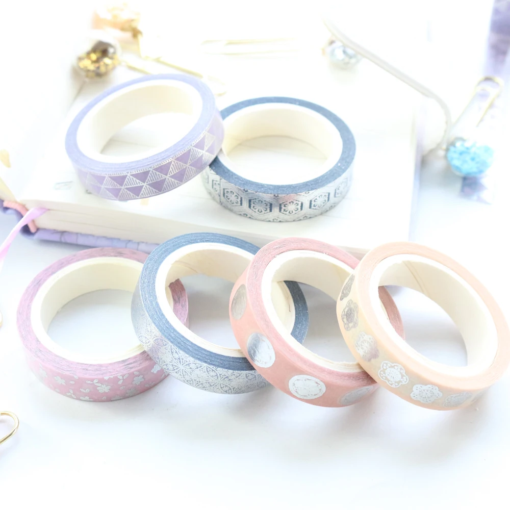 

Domikee 6 Roll sliver foil journal planner decoration masking tape creative scrapbooking greeting card craft DIY washi tapes set