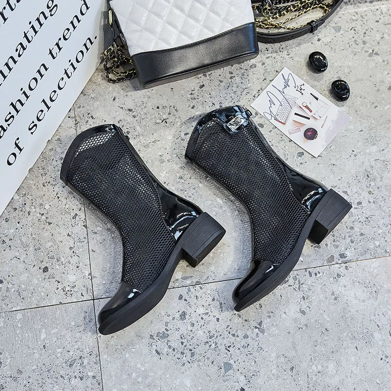 

Genuine Leather Summer Cool and Breathable Mid Calf Women Boots Fashion Zipper Square Heel Ladies Summer Casual Outdoor Boots