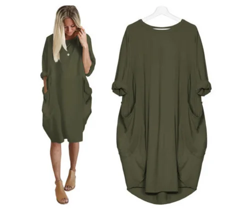 

2021 Summer Dresses fashion casual mid-length dress plus size women clothing Pocket Long Sleeve Fat Sister Top big shirt dress