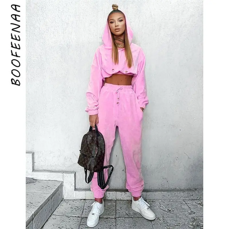 ZITY 2 Two Piece Set Pink Fleece Crop Top Hoodies Sweat Pants Women Matching Sets Activewear Winte Clothing Outfit |