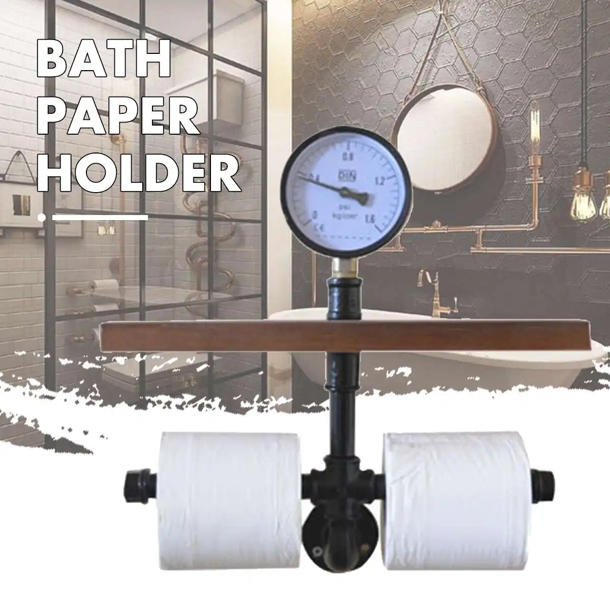 

Toilet Paper Roll Holder With Phone Holder Wall Mounted Shelf Rustic Industrial Floating Water Pipe Rack 35*35cm