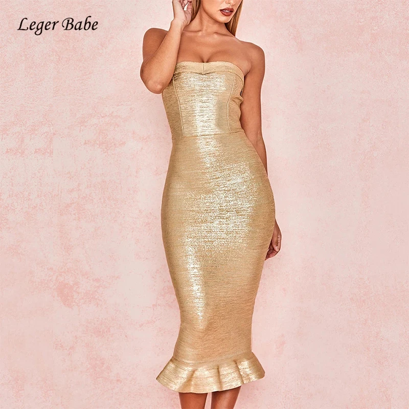 Золото с контрастным принтом Русалка Бандажное платье сексуальное женское