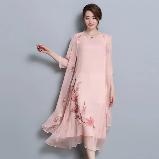 Натуральный шелк комплект из 2 предметов платье с кардиганом для женщин 2019 дизайн