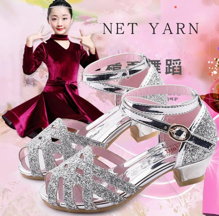 Туфли детские кожаные с цветочным узором на высоком каблуке золотистые розовые