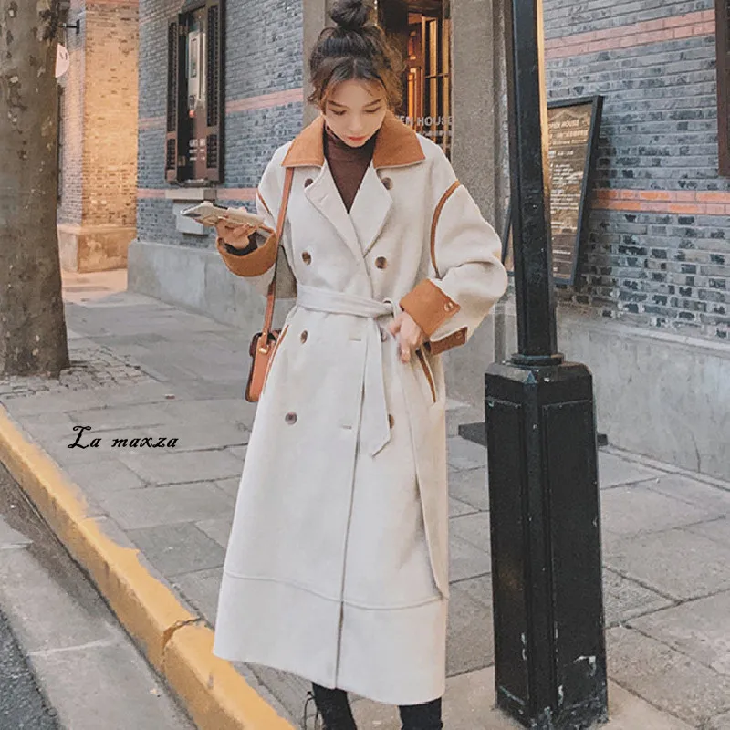 

Vintage 2021 Women Wool Coat Winter Elegant Fashion Patchwork Double Breasted Belt Loose Coat