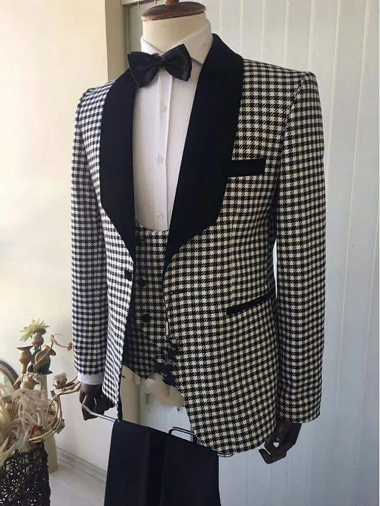 Fashion Real Photo Chequer Groom Tuxedos Men's Wedding Blazer Prom Dress Business Suits Sets (Jacket+Pants+Vest+Tie) K:585