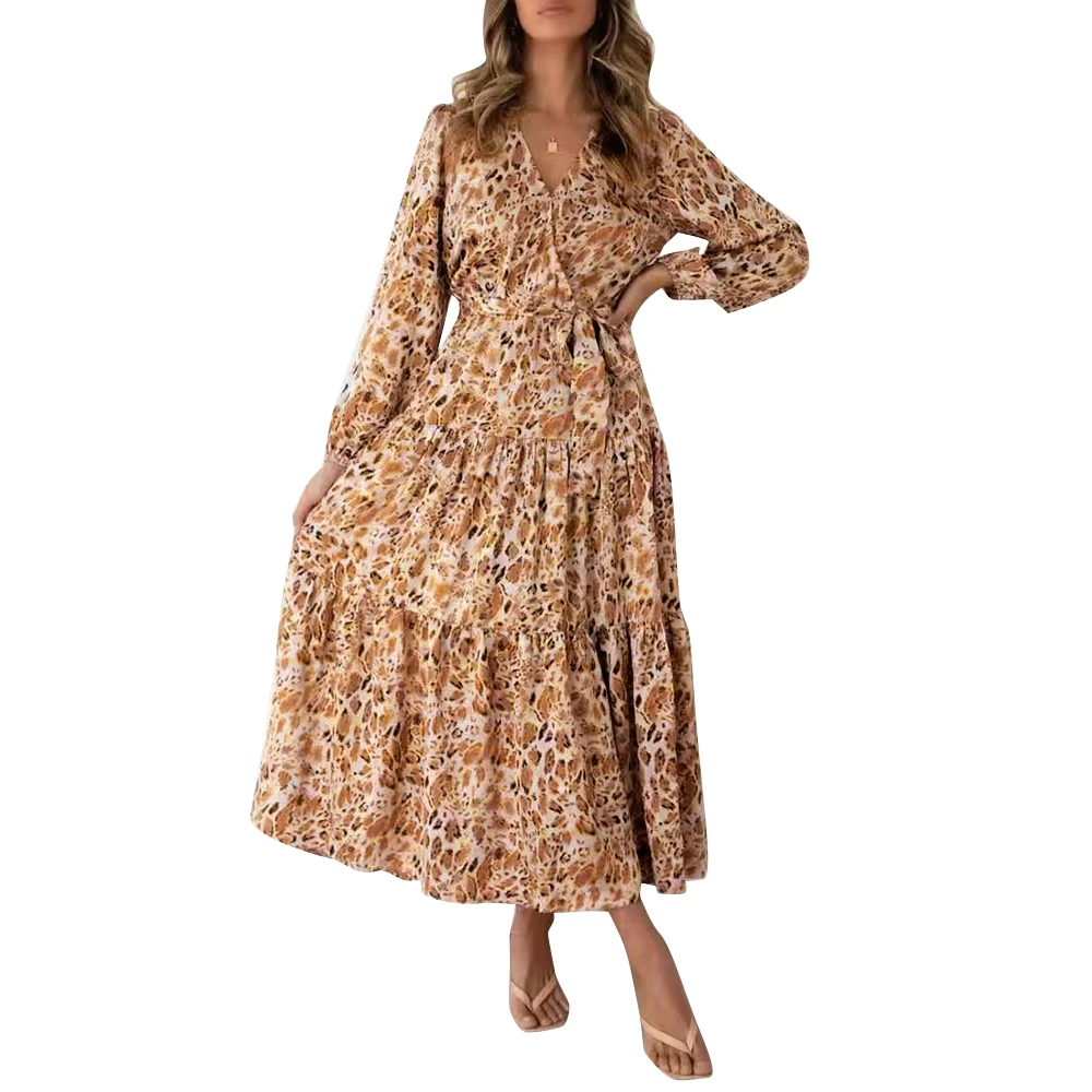

Women Elegant V Neck Elastic Waist Midi Dress Long Sleeve Drawstring Pleated Long Dress Floral Print Autumn Ladies Vestidos D30