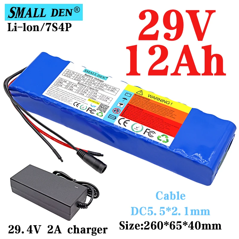

29V 12Ah 18650 lithium ion battery pack 7S4P 350W DC 29.4V Electric bicycle moped scooter battery Built-in 15A BMS+ 2A Charger