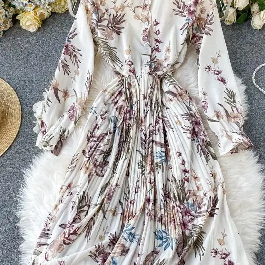 

New Arrival 2021 Vacation Dress Women Fashion Long Sleeve Flower Print Pleated Dress Elegant Woman Midi Holiday Dress