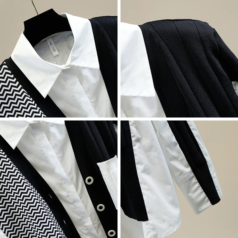 

Fashion Design Knitted Shirt Patched Double Layer Buttons Faux Two Piece Tops Fall Women White Blouse
