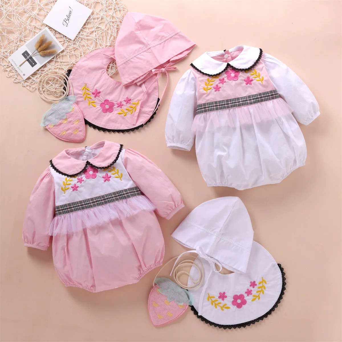 

newborn baby girls autumn spring full sleeve flower embroidery outwear bodysuits gift Strawberry bag hat bib infant sets 4pcs