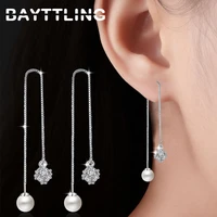 bayttling silver color 150mm shiny square zircon round pearl drop earrings for woman fashion wedding party jewelry gift