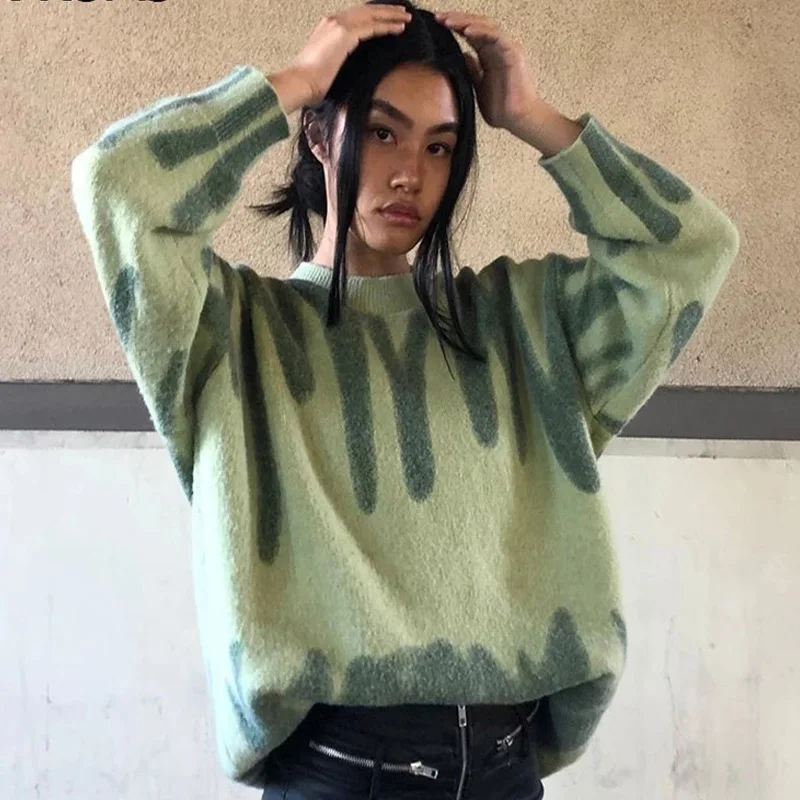 

Long Sleeve O-neck Pullovers Striped Sweater Women Fashion Winter Sweter Warm Sweaters Streetwear Green Swetry Jumper Female