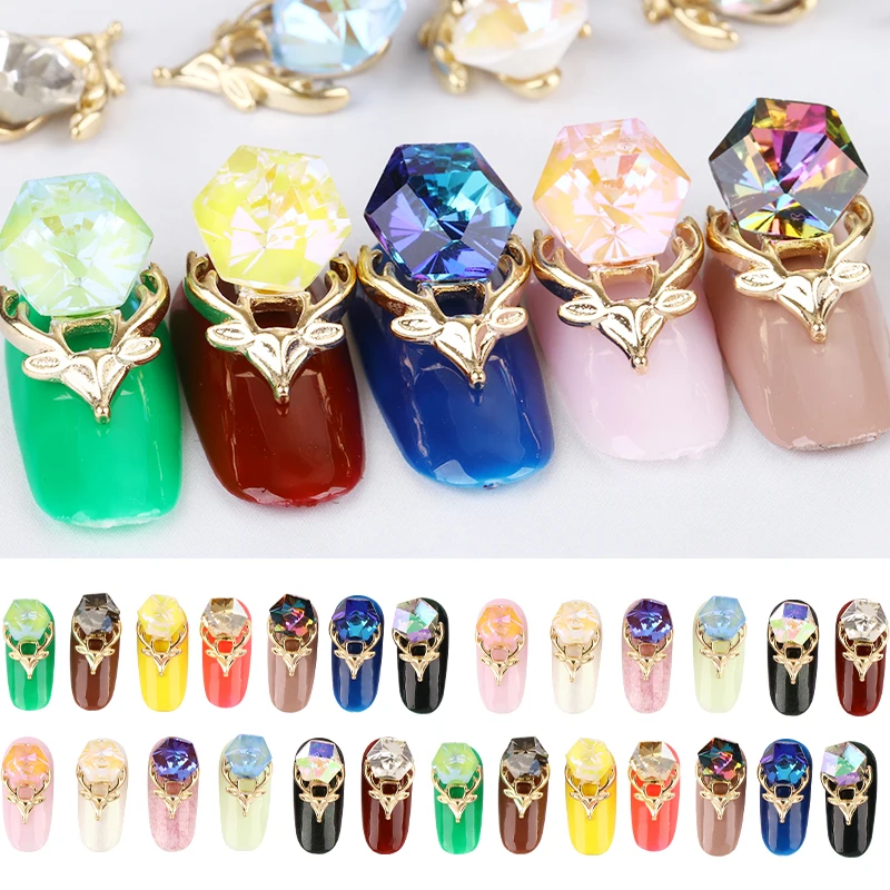 

Pipatian 10Pcs Multi Color Good Luck Stone Elk Metal Alloy Nail Gemstone Glue on Decoration Moose Nail Art for New Christmas