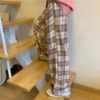houzhou harajuku plaid pants women summer vintage oversize straight casual loose trousers korean fashion wide leg pink pants