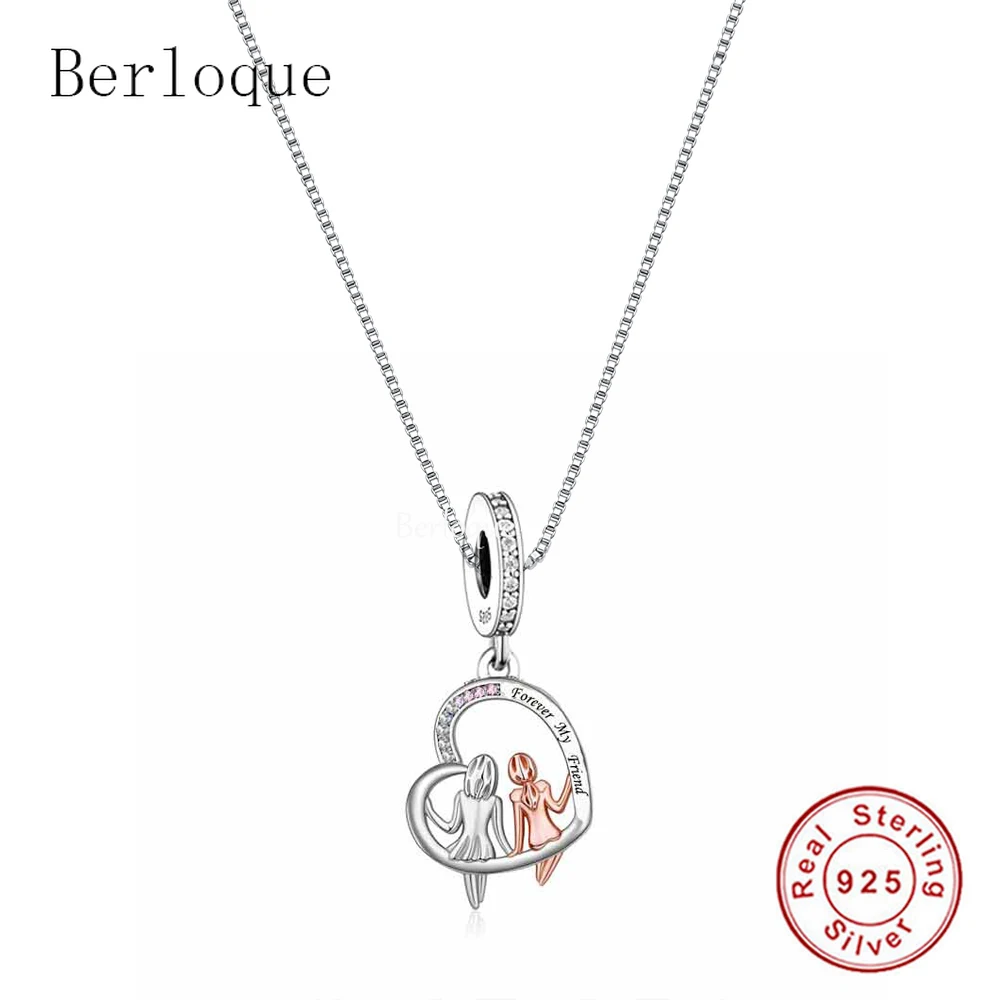 

Berloque Real 100% 925 Sterling Silver Engraved Forever My Friend Heart Pendant Necklace for Women Fashion Jewelry Birthday Gift