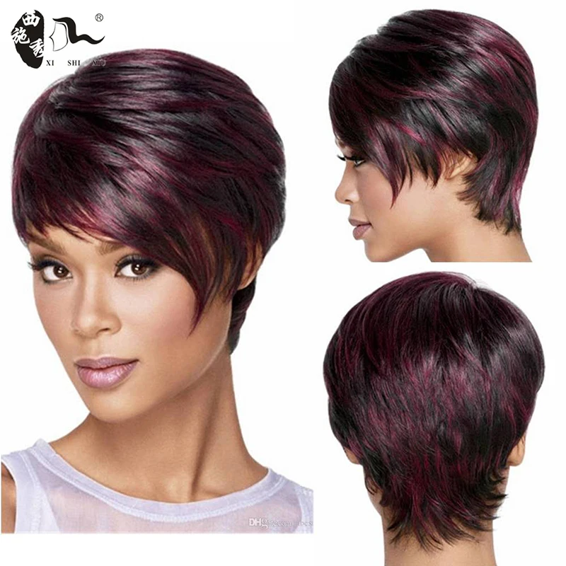 

XISHIXIU Bobo Style Short Wigs for Black Women Heat Resistant Hair Natural Synthetic Straight Mixed Burg Wig Free Hairnet