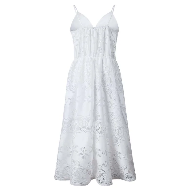 

Spaghetti Strap White Dress 2019 Women Sexy V-Neck Lace Summer Dresses Casual Female Streetwear Backless Midi Dress Vestidos