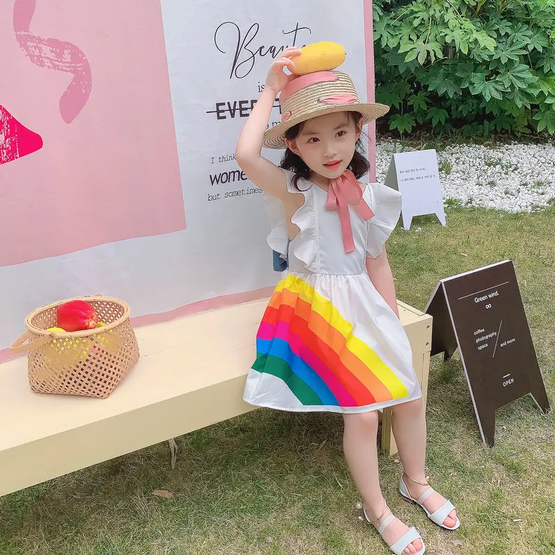 

Girls Korean dresses rainbow color matching short open back dress children color princess dress toddler girl clothes