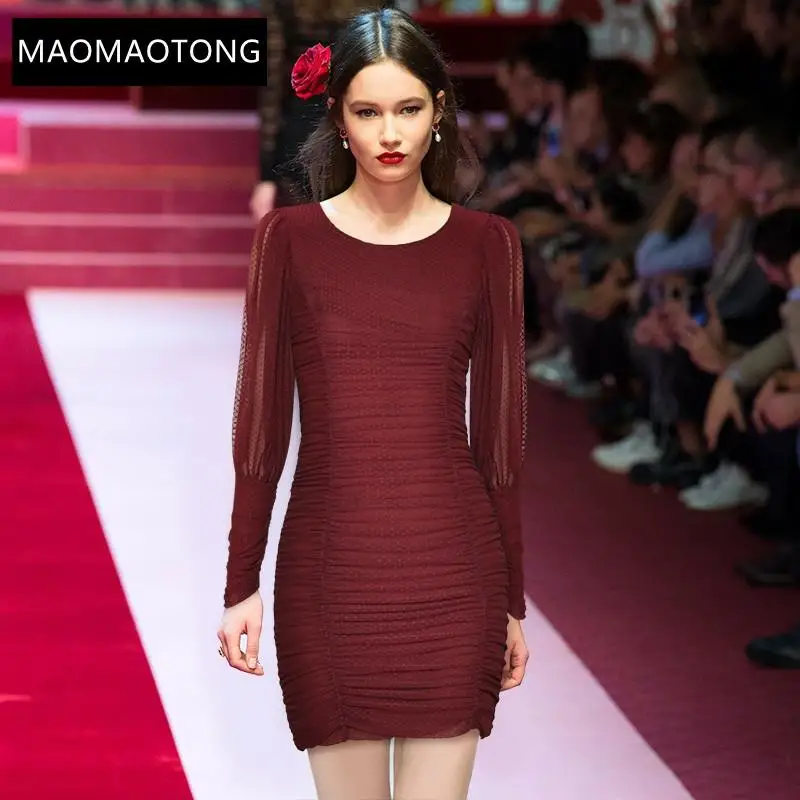 Women's Clothing Women's Clothing Fashion Designer Dress Autumn Women's Dress Lantern Sleeve Ruched Slim Package Buttocks Dress