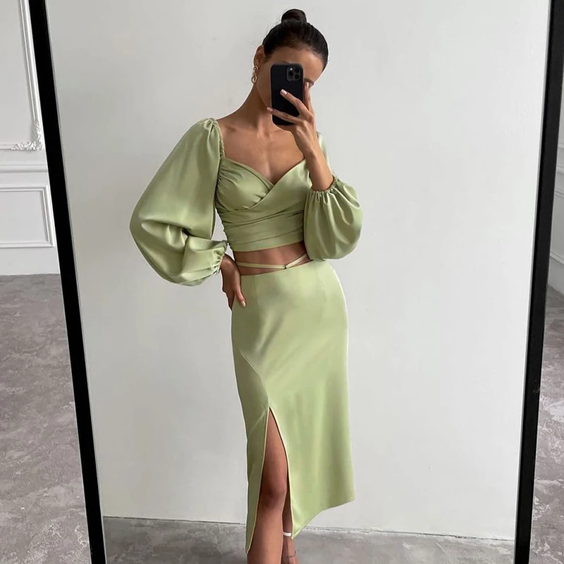 

NewAsia Satin Two Piece Set Lantern Sleeve Ruched VNeck Wrap Top Split Cut out Tie up Long Skirt and Top Set Women Fashion Suits