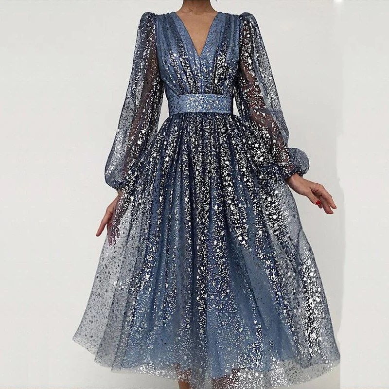 

Благородное Плиссированное длинное платье с рукавами-фонариками, новое повседневное модное Сетчатое кружевное вечернее платье, сексуальн...