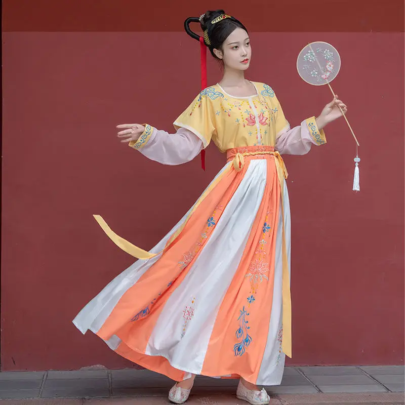 Китайский стиль женские восточные винтажные костюмы Hanfu Цветочная вышивка