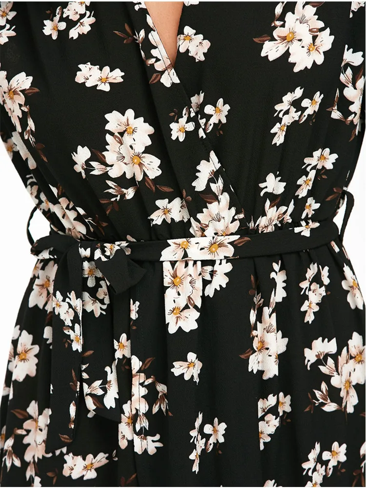 

2020 dress women's fashion sexy spring and summer models retro floral deep V-neck high split short-sleeved dress