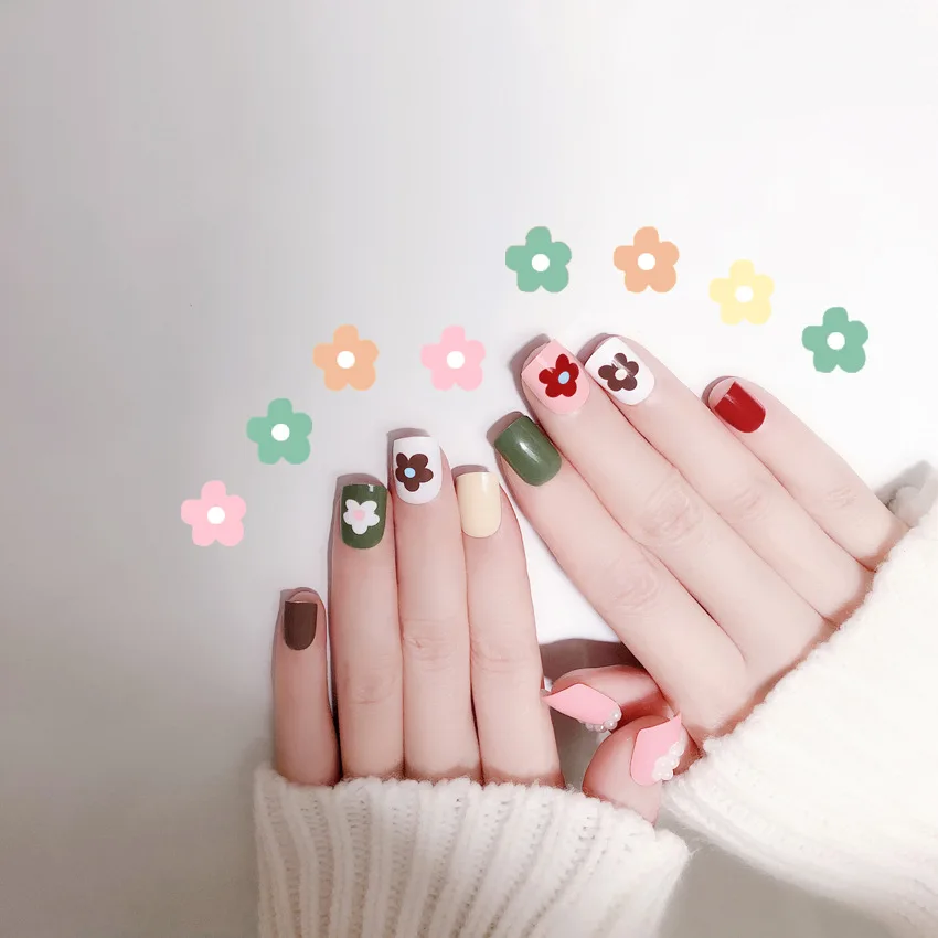 Ladies Fashion Green White Color Fake Nails Long Designs Artificial False Nail Tips Full Cover Art with Glue 24pcs/set | Красота и