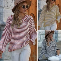women striped sweater autumn winter v neck long sleeve sweater loose knit pullover tops cable sweaters