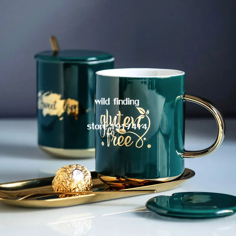 Нордическая кружка для завтрака Nordic Ins Sweet Love Gold Water Pineapple Lip Leaves Cup With Cover Spoon Ceramic Porcelain Breakfast Milk Home Coffee Mug.
