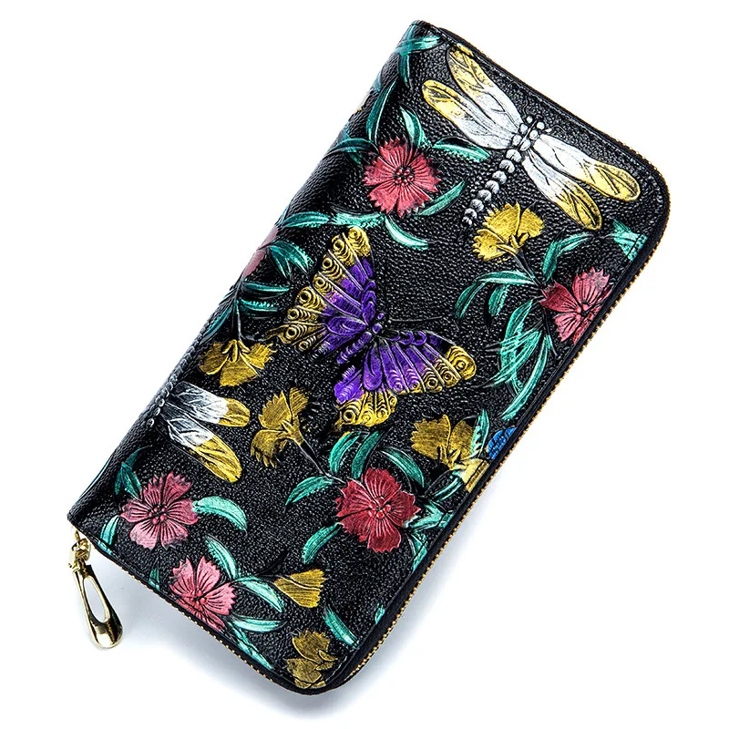 

Women Long Wallet Genuine Leather 3D Embossing Rose Dragonfly Butterfly Lady Clutch Bag Large Capability Female Zipper Purse