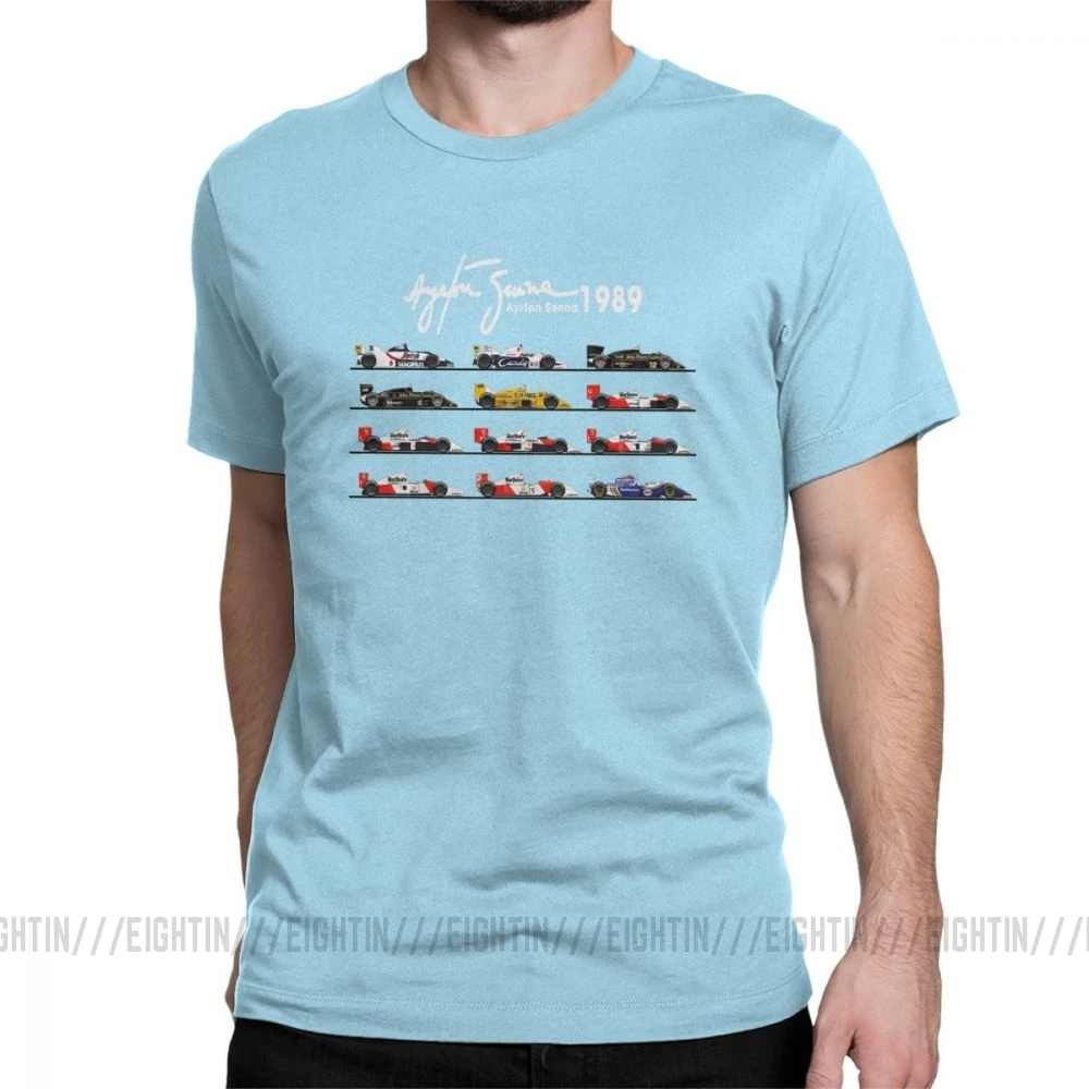 Мужская футболка с надписью «All The Cars Ayton Senna», «Formula 1», «Racing Car F1», топы с короткими рукавами и круглым вырезом, футболка из чистого хлопка, летние футболки - Цвет: Небесно-голубой