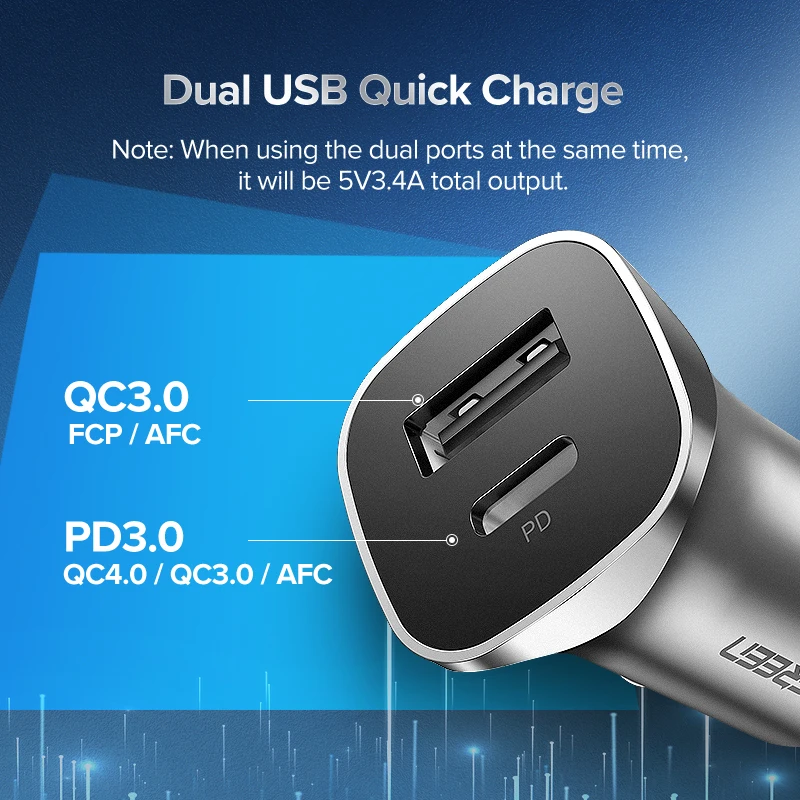 Ugreen Quick Charge 4.0 3.0 QC USB Car Charger for Xiaomi QC4.0 QC3.0 18W Type C PD Car Charging for iPhone 11 X Xs 8 PD Charger