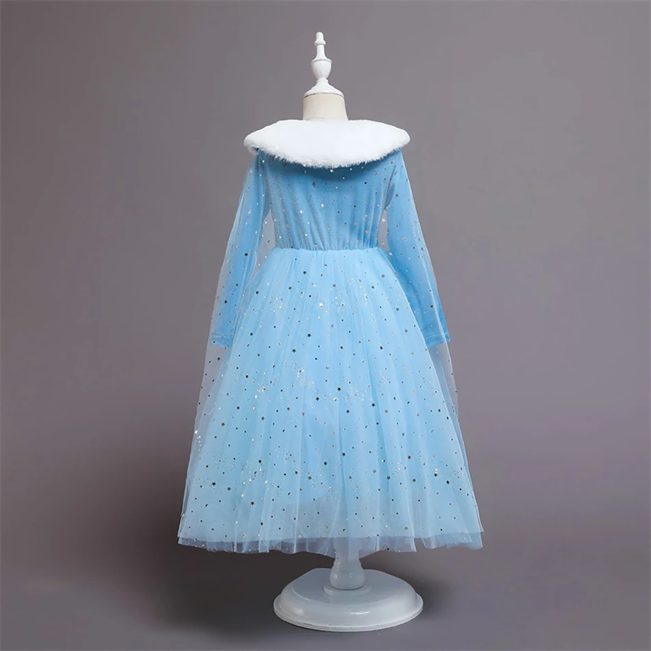 Детское платье принцессы Эльзы из сетчатой ткани с меховым воротником и