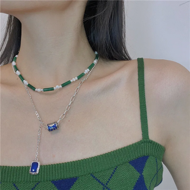 Женское Ожерелье с натуральным камнем зеленое ретро-ожерелье жемчугом простая